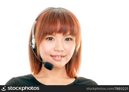 Asian female wearing a headset with microphone