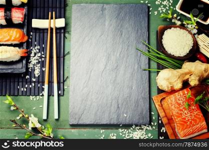 Asian food background (sushi and ingredients)