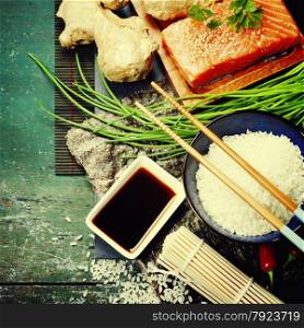 Asian food background (thaditional sushi ingredients)