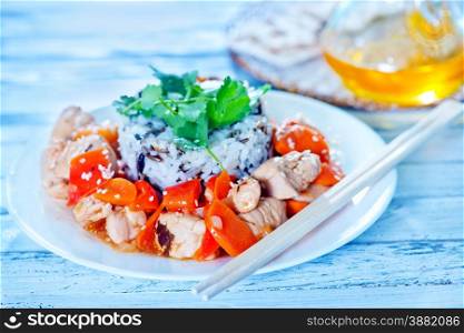 asian food: boiled rice with fried chicken