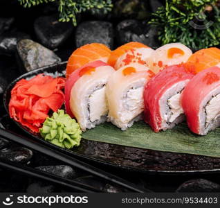 Asian food with sushi set of salmon and tuna