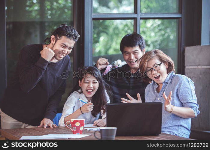 asian freelance teamwork happiness emotion looking to laptop computer in home office