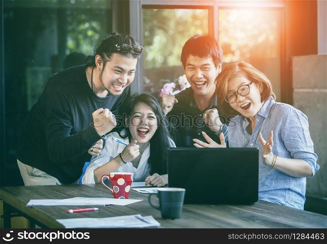asian freelance teamwork happiness emotion looking to laptop computer in home office