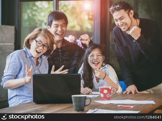 asian freelance teamwork happiness emotion looking to laptop computer in home office
