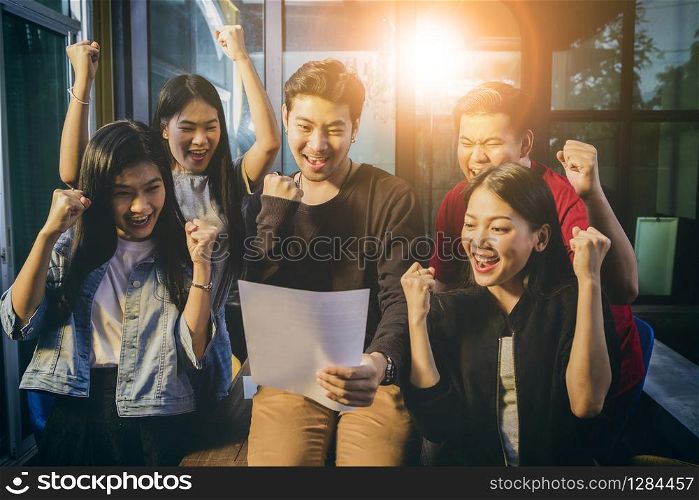 asian freelance teamwork happiness emotion when successful project ,office life theme