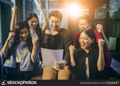 asian freelance teamwork happiness emotion when successful project ,office life theme