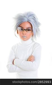 asian futuristic kid girl with gray hair serious gesture crossed arms on white