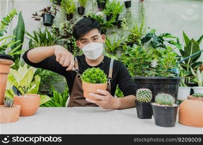 Asian gardener man wearing face mask and apron using shovel to transplants indoor plants and take care of plants at home, Hobby or small business with houseplant
