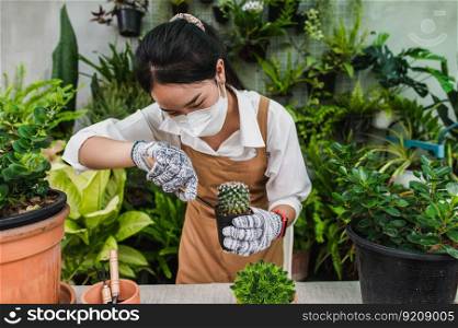 Asian gardener woman wearing face mask and apron using shovel to transplants cactus and indoor plants and take care of plants at home, Hobby or small business with houseplant