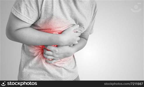 Asian gastritis, Men stomach problem concept black and white, Disease concept