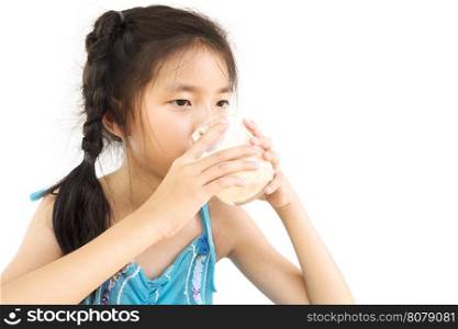 Asian girl is drinking a glass of milk over white background