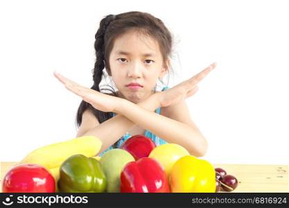 Asian girl is showing dislike vegetable expression over white background
