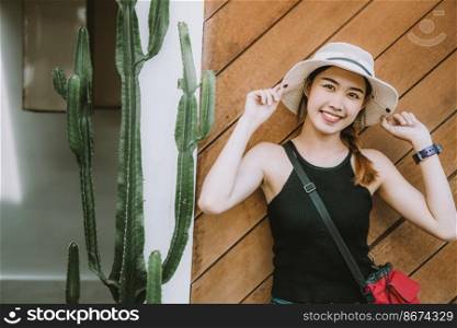 Asian girl teen cute hipster style fashion portrait holiday summer travel  dressing vintage color film tone