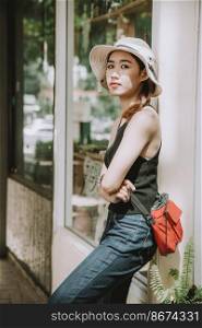 Asian girl teen cute hipster style fashion portrait holiday summer travel  dressing vintage color film tone