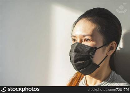 Asian girl wearing a medical mask for against infection and prevent spread of Coronavirus,Covid-19 prevention.