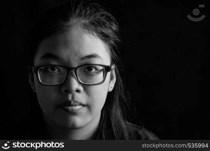 Asian girl with black and white image.