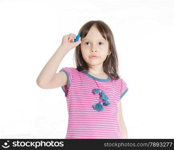 Asian girl with blue marker writing on imaginary board
