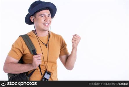 Asian handsome man wearing hat and backpack for traveling while standing on white background