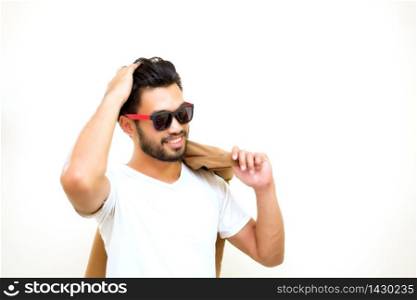Asian handsome man with a mustache, smiling and laughing and Set hair ,soft focus