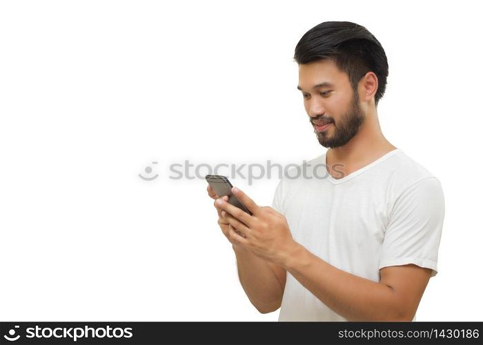 Asian handsome man with a mustache, smiling and laughing and using smart phone ,Blurry and soft focus