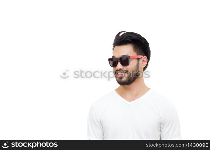 Asian handsome man with a mustache, smiling and laughing on white background ,soft focus and blurry