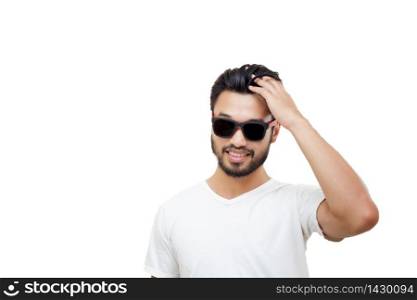 Asian handsome man with a mustache, smiling and laughing on white background ,soft focus and blurry