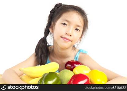 Asian healthy gril showing happy expression with variety colorful fruit and vegetable over white background