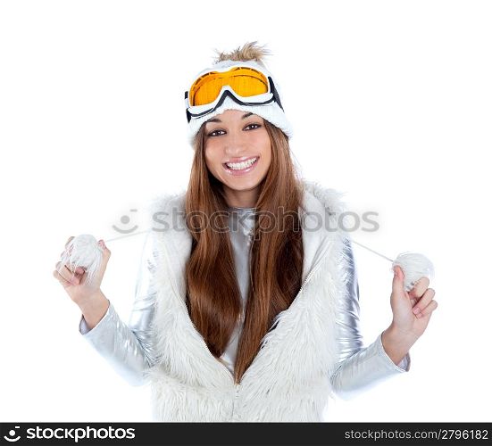 asian indian brunette winter girl with snow fur cap and ski glasses