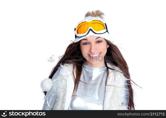 asian indian brunette winter girl with snow fur cap and ski glasses