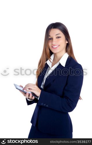 asian indian business woman reading ebook tablet pc notebook and blue suit on white