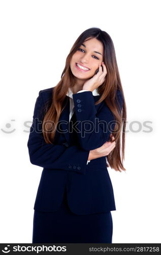 asian indian business woman talking mobile phone happy smiling with blue suit on white