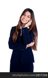 asian indian business woman talking mobile phone happy smiling with blue suit on white