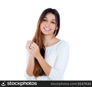 Asian indian shy brunette girl similing portrait on white background