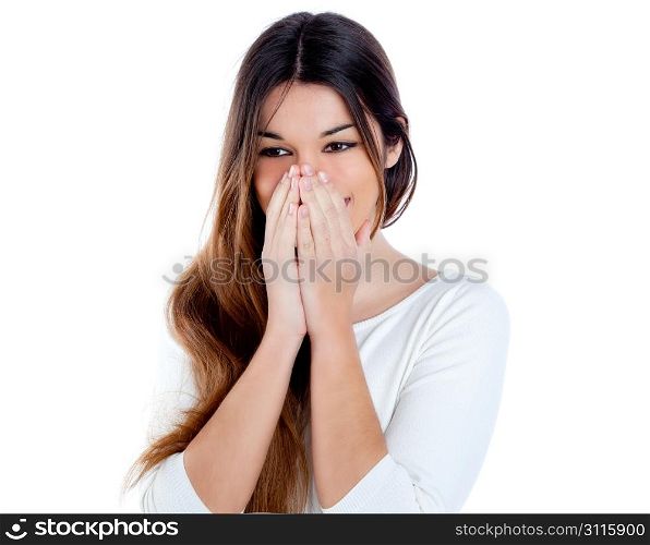 Asian indian shy brunette girl similing portrait with hands in face