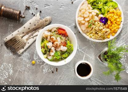 asian ingredients for salad, salad with shrimps and sprouts