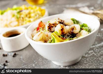 asian ingredients for salad, salad with shrimps and sprouts
