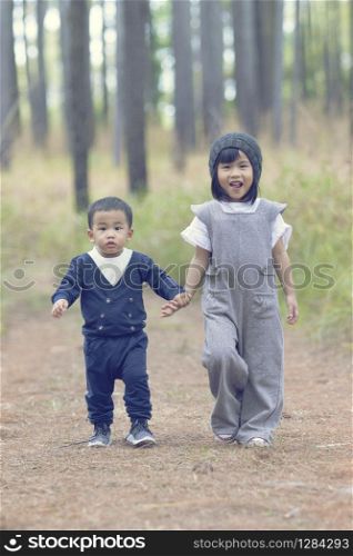 asian little cute brother of boy and girl hand in hand walking in pine forest with happiness smiling face