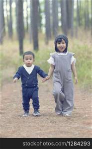 asian little cute brother of boy and girl hand in hand walking in pine forest with happiness smiling face