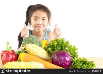 Asian lovely girl showing enjoy expression with fresh colorful vegetables isolated over white background