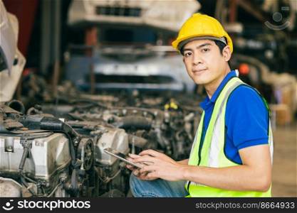 Asian Male Engineer Worker Working usign tablet to check old used Car Engine.