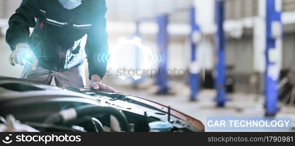 Asian man car inspection application for service car for car futuristic vehicle graphical GUI interface intelligent. connected car. Internet display technician maintenance