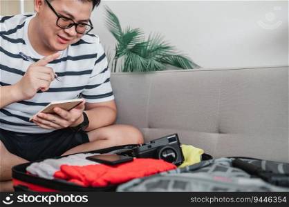 Asian man glasses is preparing clothes in suitcases. He’s choosing clothes, travel documents, the itinerary for a solo trip, and check the checklist. Travel, holiday and vacation concept.