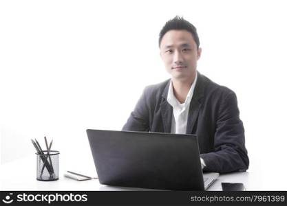 Asian man in business office concept on white background