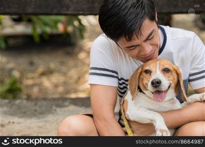 Asian man lovely cute playing with his puppy animal pet , Beagle are friendly dog with human.