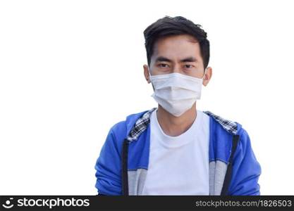 Asian man wearing medical mask on white background. Protection against pollution and the flu.