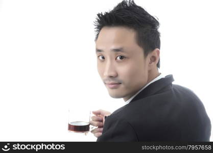 Asian man with black coffee in business office concept, isolated on white background