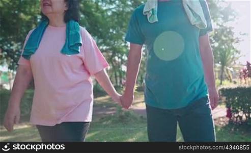 Asian middle age couple holding hands walking under trees inside public park, healthy retirement, family spending time together, enjoying life moment together supporting each other, outdoor activity