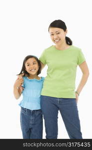 Asian mother and daughter standing with arms around eachother.