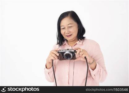 Asian older woman on white background, Travel concept