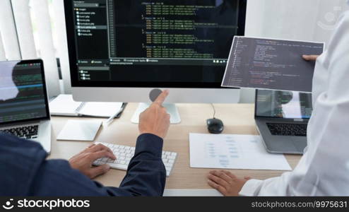 Asian Outsource Software engineer Developer Team Working Code to find solution to problem In Modern Office, Startup business group working as team concept